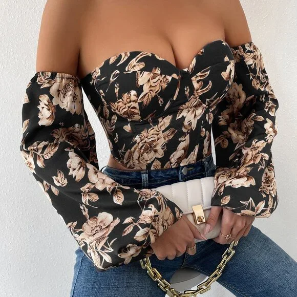 Multicolor Boho Women's Off Shoulder Floral Print Lantern Sleeve Crop Top - Picture 6 of 6